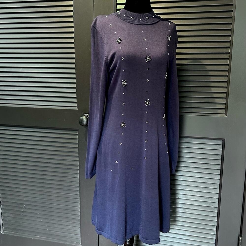 CeCe Navy Floral Whimsy Knit Sweater Dress, Beaded Studded Mock Turtleneck SizeL